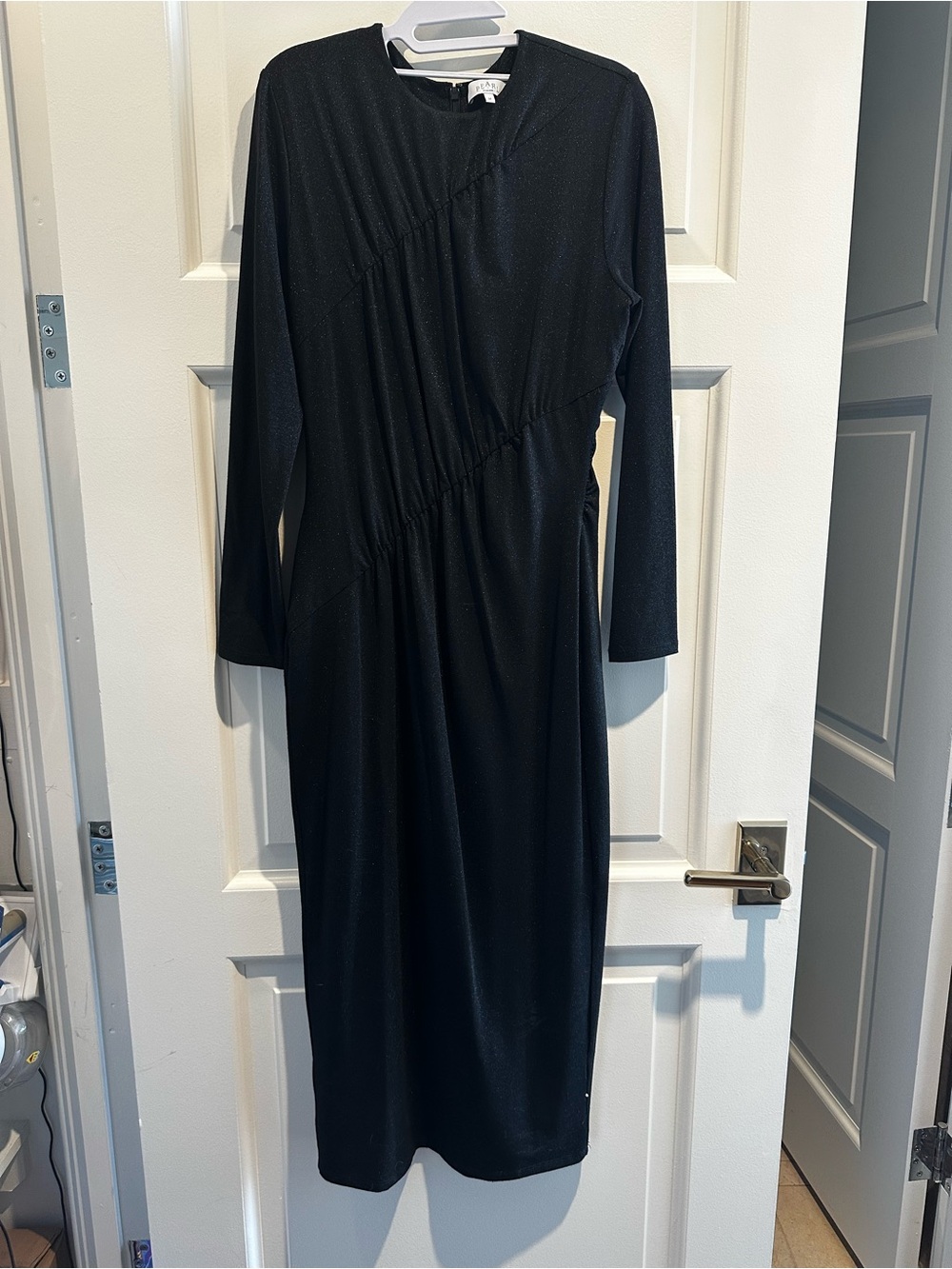 Pearl by Lela Rose Shimmery Black Ruched Stretch Midi Dress. Size Medium